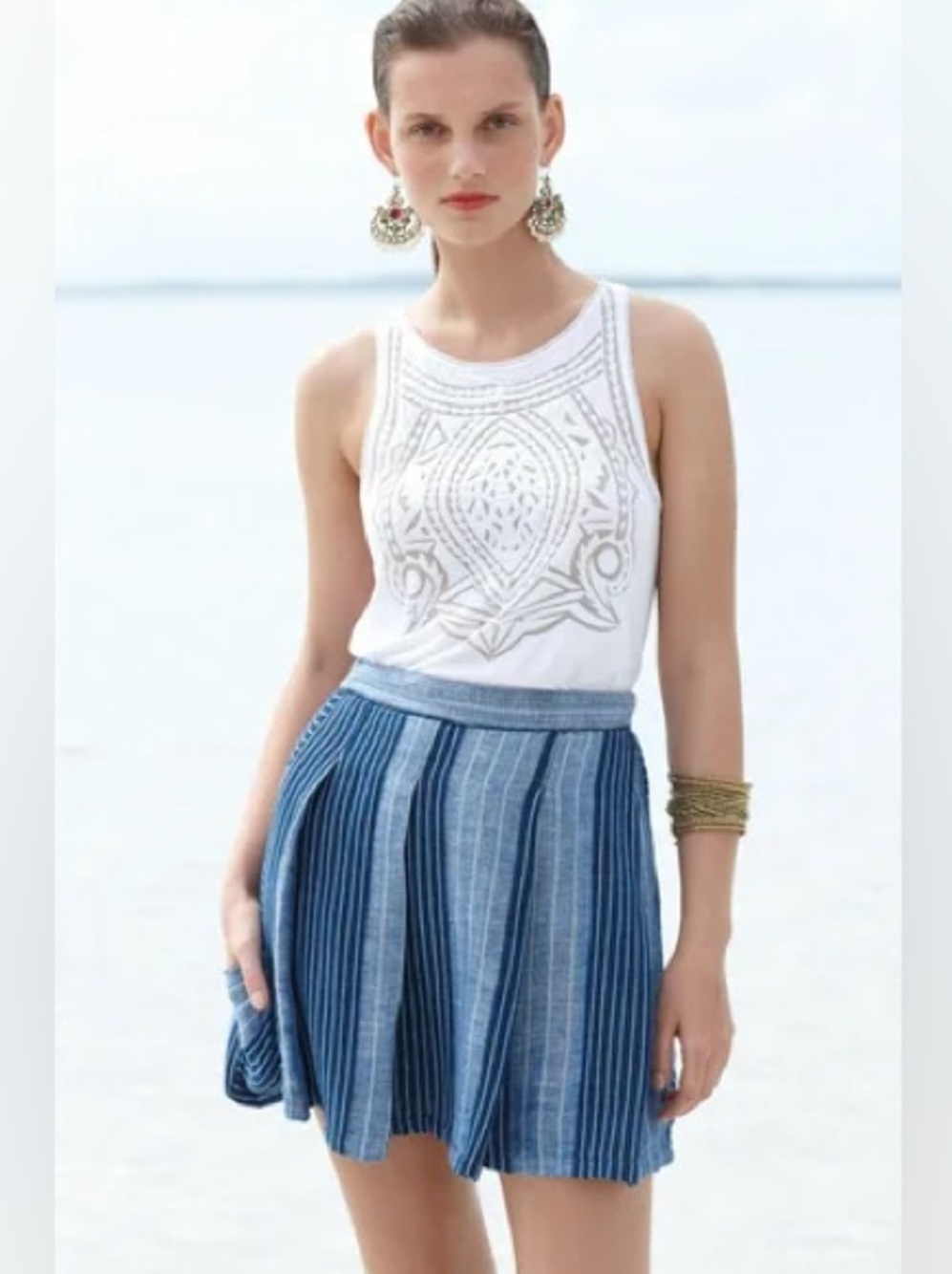 Ace & Jig Boro Blue Striped Linen Cotton Pleated Mini Skirt XS Pockets Artisan